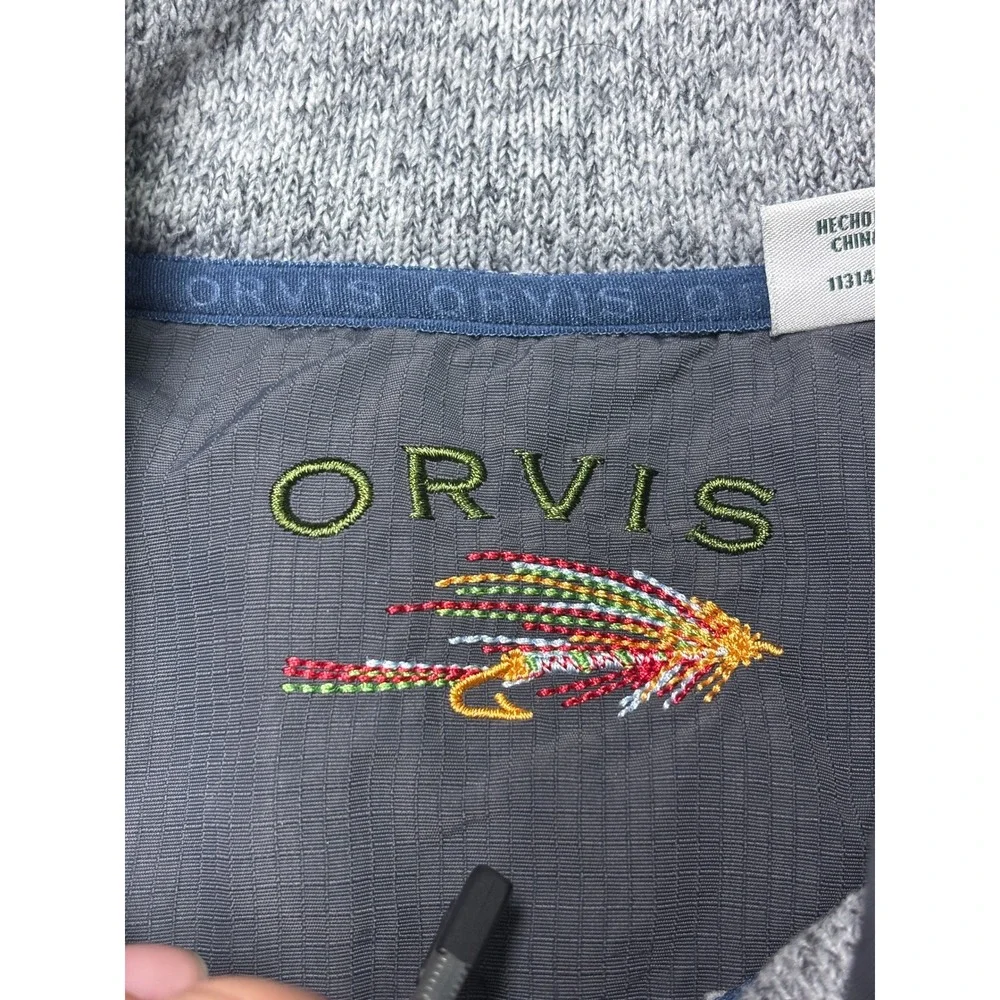 Orvis Mens Full Zip Sweater Fleece Vest Gray Navy Blue Quilted Trim Large
